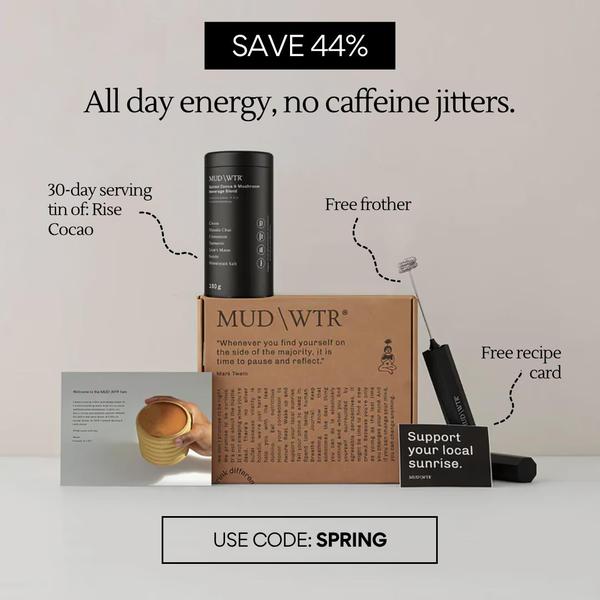 A clean, minimalist product-led ad showing a 30-day supply bundle, a free frother, and a clear discount offer against a neutral background.